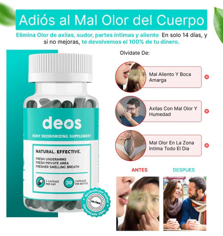 UPLEMENTO DEOS PARA LA FRESCURA CORPORAL TOTAL: ELIMINACIÓN DE OLORES INTERNOS + APOYO PARA LA SALUD INTESTINAL Y CUTÁNEA